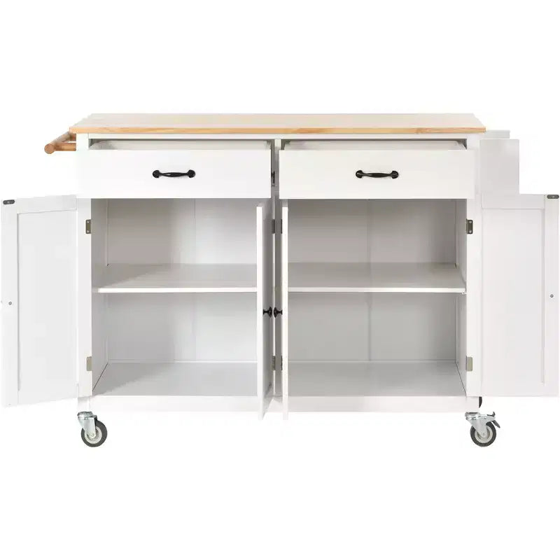 54,3 pouces chariot d'îlot de cuisine avec dessus en bois massif, roulettes verrouillables, armoire à 4 portes, deux tiroirs, étagère à épices et porte-serviettes, blanc