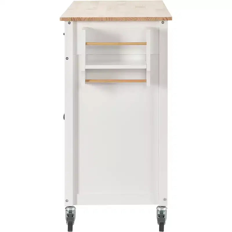 54,3 pouces chariot d'îlot de cuisine avec dessus en bois massif, roulettes verrouillables, armoire à 4 portes, deux tiroirs, étagère à épices et porte-serviettes, blanc