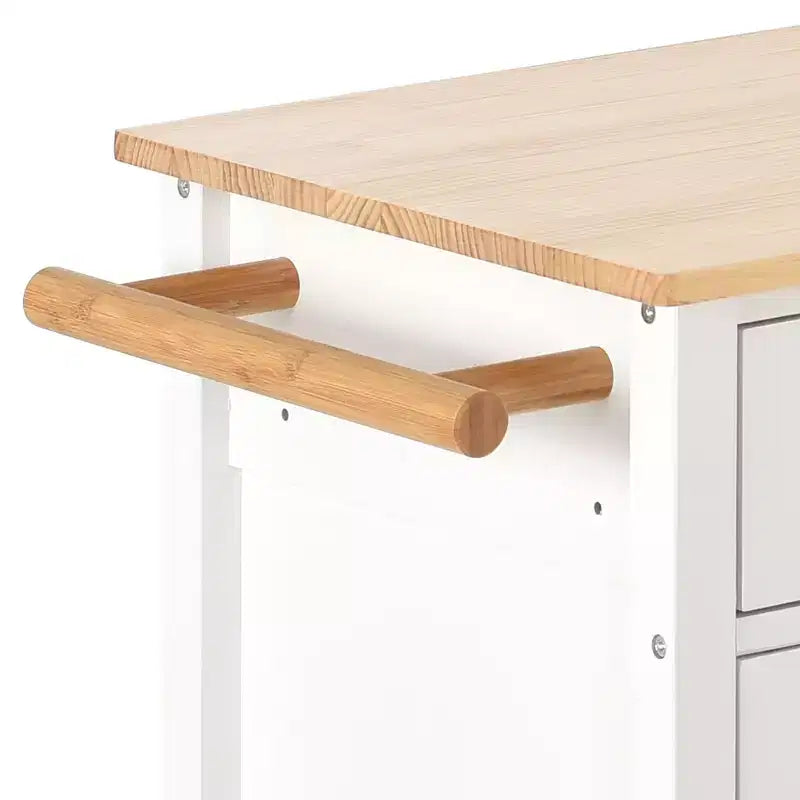 54,3 pouces chariot d'îlot de cuisine avec dessus en bois massif, roulettes verrouillables, armoire à 4 portes, deux tiroirs, étagère à épices et porte-serviettes, blanc