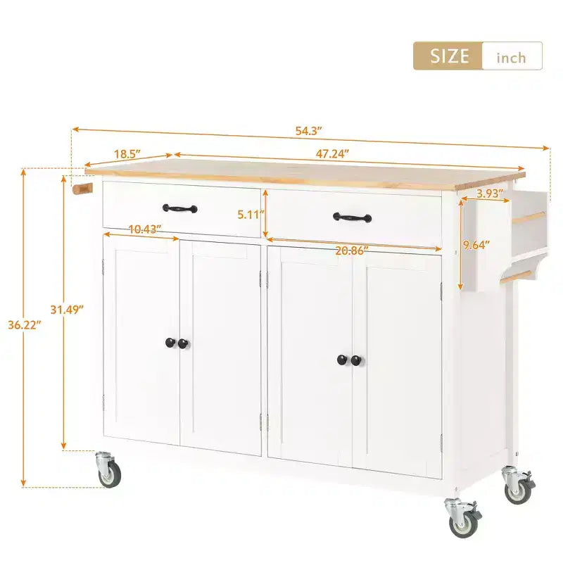 54,3 pouces chariot d'îlot de cuisine avec dessus en bois massif, roulettes verrouillables, armoire à 4 portes, deux tiroirs, étagère à épices et porte-serviettes, blanc