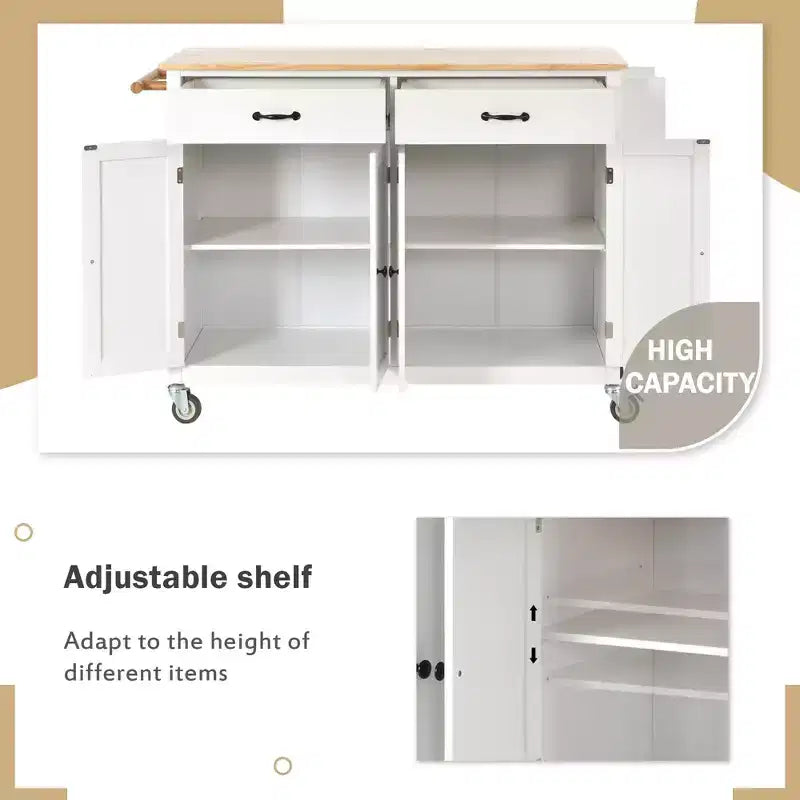 54,3 pouces chariot d'îlot de cuisine avec dessus en bois massif, roulettes verrouillables, armoire à 4 portes, deux tiroirs, étagère à épices et porte-serviettes, blanc