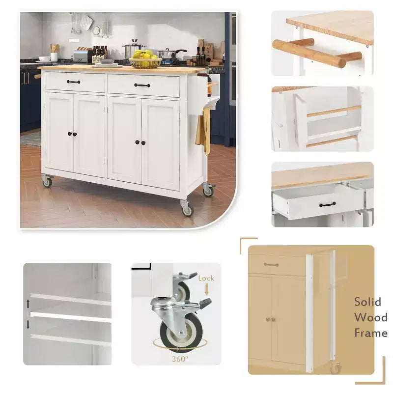 54,3 pouces chariot d'îlot de cuisine avec dessus en bois massif, roulettes verrouillables, armoire à 4 portes, deux tiroirs, étagère à épices et porte-serviettes, blanc