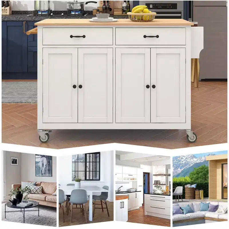 54,3 pouces chariot d'îlot de cuisine avec dessus en bois massif, roulettes verrouillables, armoire à 4 portes, deux tiroirs, étagère à épices et porte-serviettes, blanc