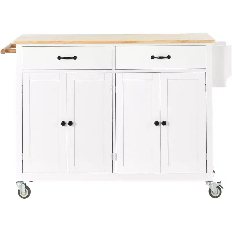 54,3 pouces chariot d'îlot de cuisine avec dessus en bois massif, roulettes verrouillables, armoire à 4 portes, deux tiroirs, étagère à épices et porte-serviettes, blanc