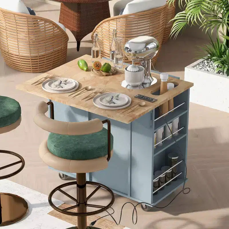 Îlot de Cuisine avec Prise de Courant, Rabat Abattant et Range-Bouteilles et Rangement Réglable pour Cuisine et Salle à Manger, Bleu
