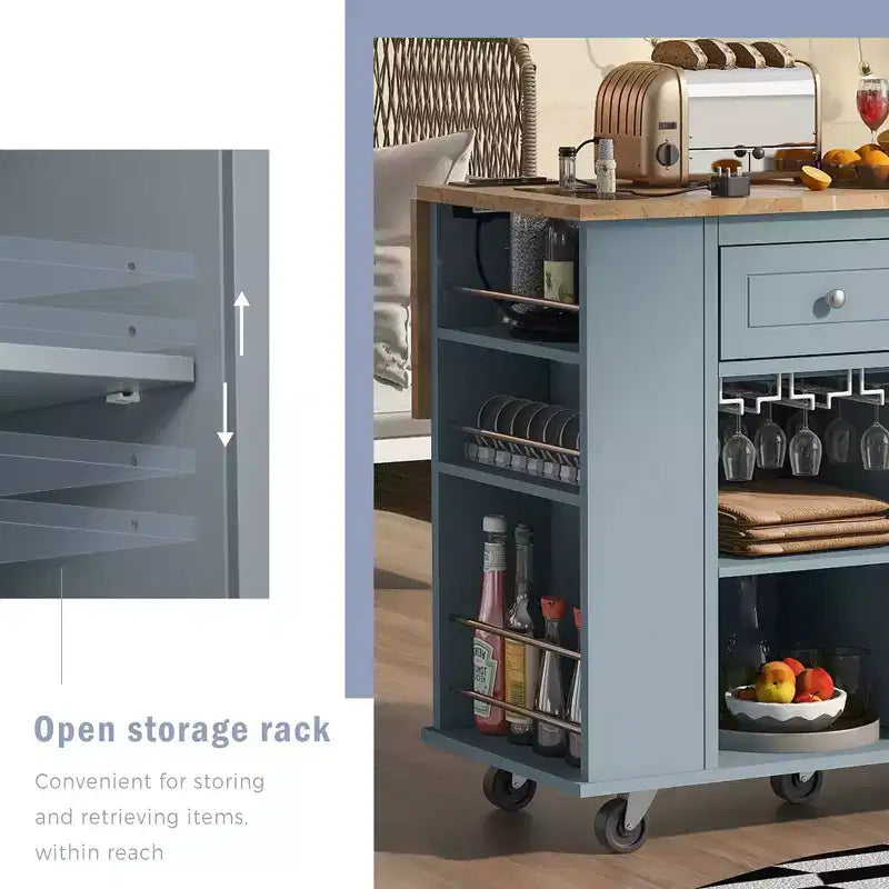 Îlot de Cuisine avec Prise de Courant, Rabat Abattant et Range-Bouteilles et Rangement Réglable pour Cuisine et Salle à Manger, Bleu