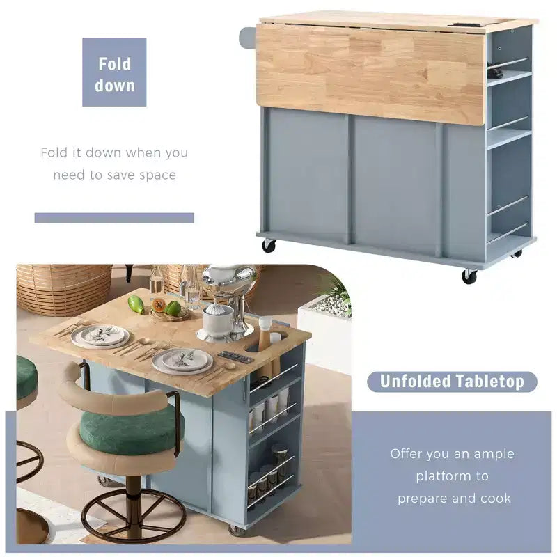 Îlot de Cuisine avec Prise de Courant, Rabat Abattant et Range-Bouteilles et Rangement Réglable pour Cuisine et Salle à Manger, Bleu
