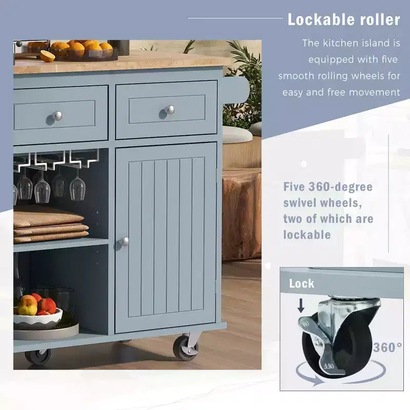 Îlot de Cuisine avec Prise de Courant, Rabat Abattant et Range-Bouteilles et Rangement Réglable pour Cuisine et Salle à Manger, Bleu