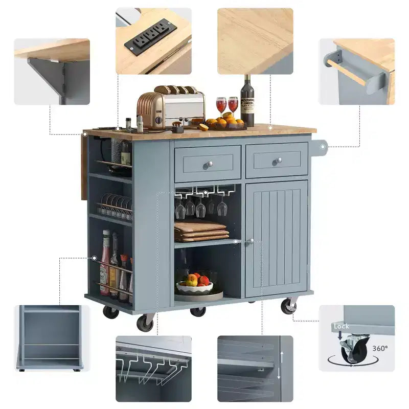 Îlot de Cuisine avec Prise de Courant, Rabat Abattant et Range-Bouteilles et Rangement Réglable pour Cuisine et Salle à Manger, Bleu