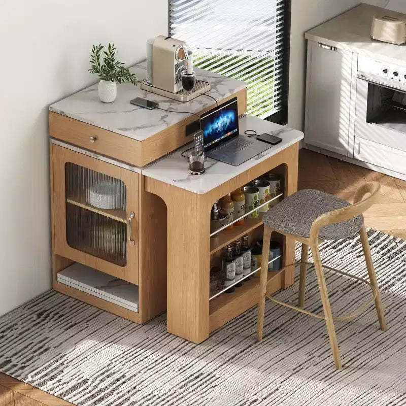 Îlot de cuisine de 151 cm avec table à manger extensible, rangement double face, prise de courant et étagères latérales ouvertes, naturel