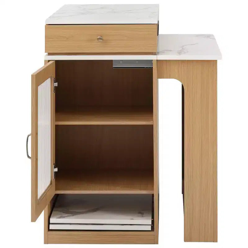 Îlot de cuisine de 151 cm avec table à manger extensible, rangement double face, prise de courant et étagères latérales ouvertes, naturel