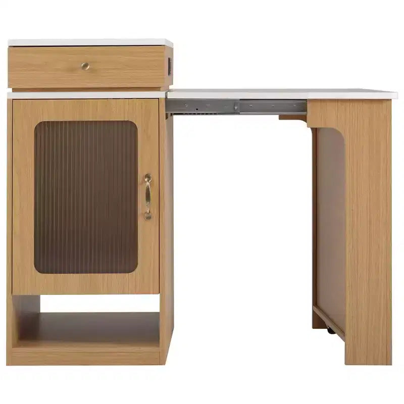Îlot de cuisine de 151 cm avec table à manger extensible, rangement double face, prise de courant et étagères latérales ouvertes, naturel