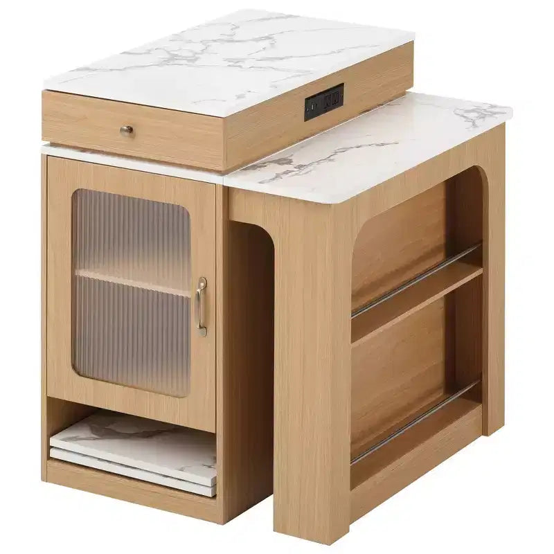 Îlot de cuisine de 151 cm avec table à manger extensible, rangement double face, prise de courant et étagères latérales ouvertes, naturel