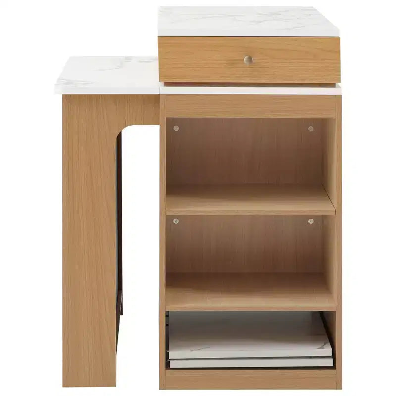 Îlot de cuisine de 151 cm avec table à manger extensible, rangement double face, prise de courant et étagères latérales ouvertes, naturel