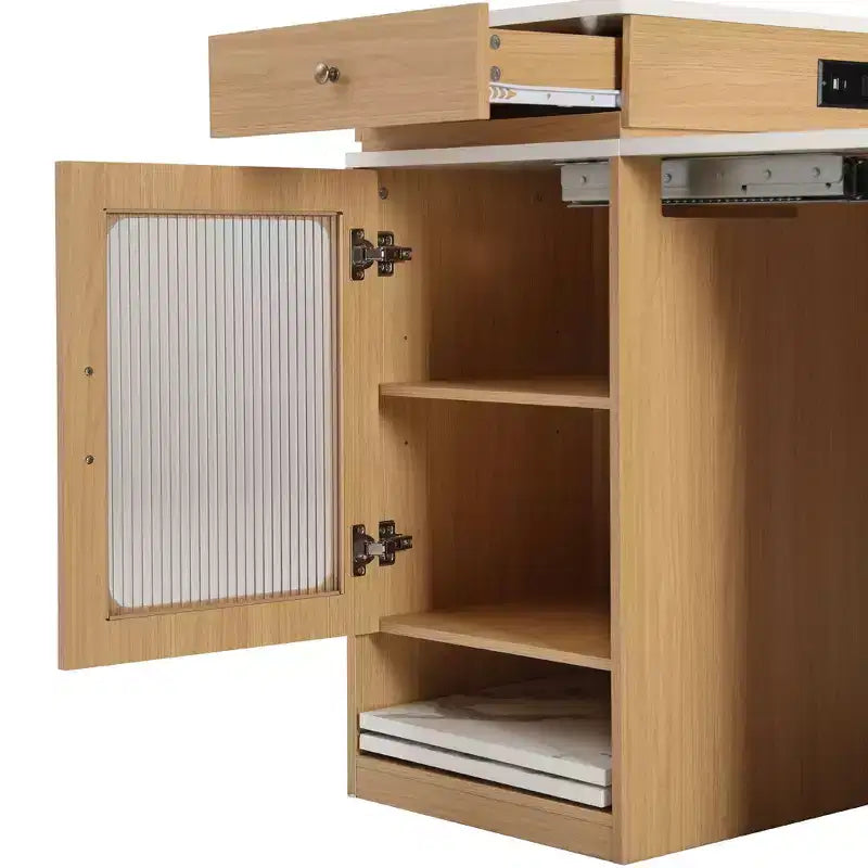 Îlot de cuisine de 151 cm avec table à manger extensible, rangement double face, prise de courant et étagères latérales ouvertes, naturel