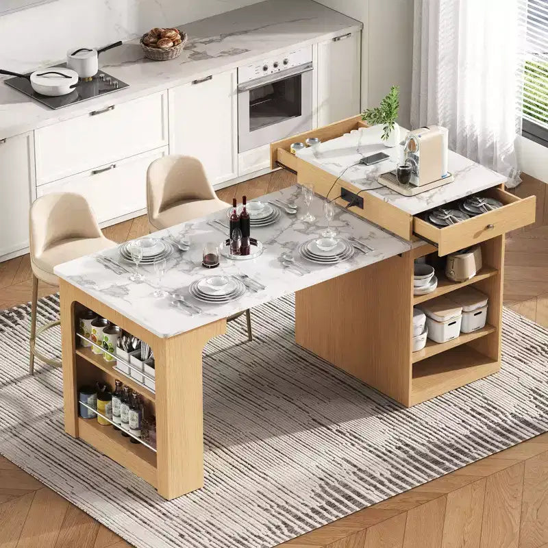 Îlot de cuisine de 151 cm avec table à manger extensible, rangement double face, prise de courant et étagères latérales ouvertes, naturel