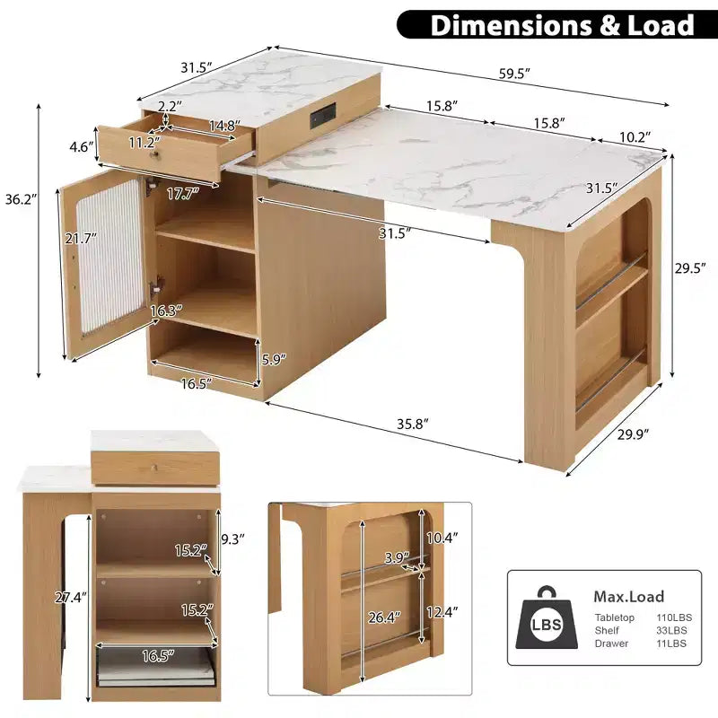 Îlot de cuisine de 151 cm avec table à manger extensible, rangement double face, prise de courant et étagères latérales ouvertes, naturel