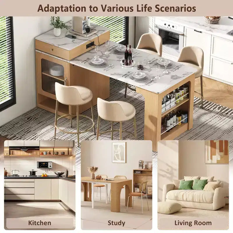 Îlot de cuisine de 151 cm avec table à manger extensible, rangement double face, prise de courant et étagères latérales ouvertes, naturel