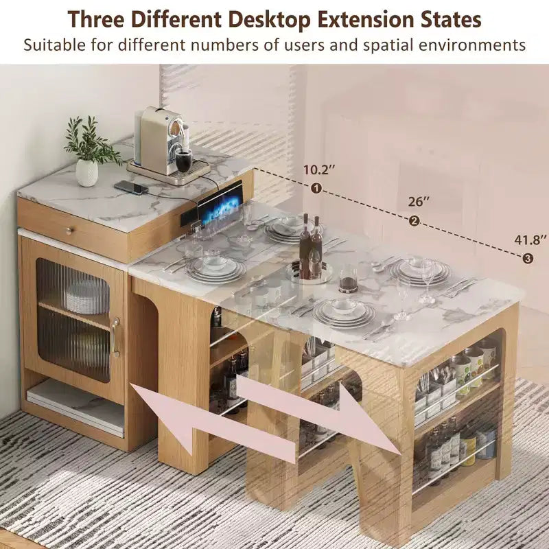 Îlot de cuisine de 151 cm avec table à manger extensible, rangement double face, prise de courant et étagères latérales ouvertes, naturel
