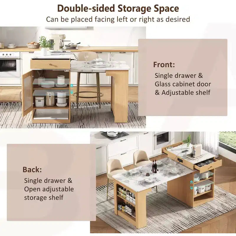 Îlot de cuisine de 151 cm avec table à manger extensible, rangement double face, prise de courant et étagères latérales ouvertes, naturel