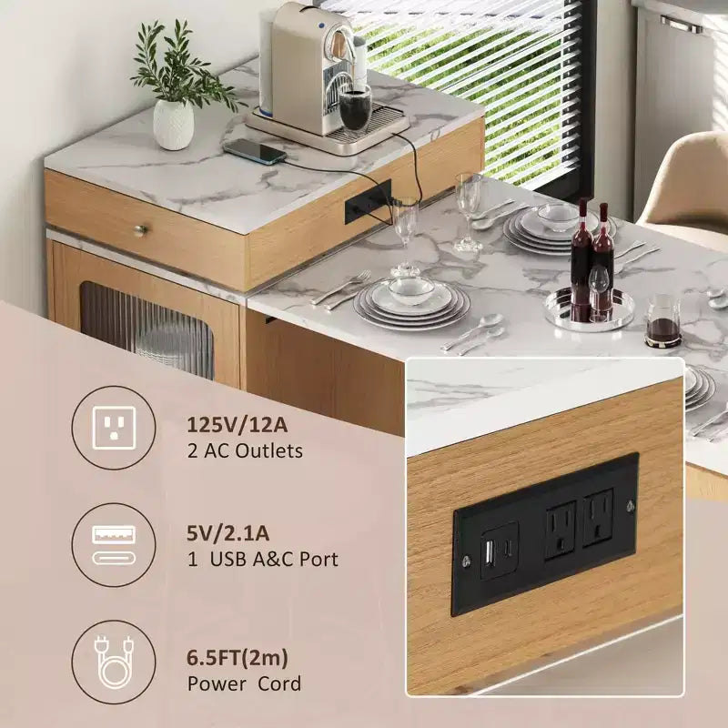Îlot de cuisine de 151 cm avec table à manger extensible, rangement double face, prise de courant et étagères latérales ouvertes, naturel