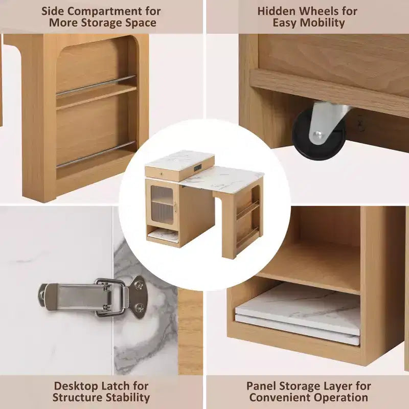 Îlot de cuisine de 151 cm avec table à manger extensible, rangement double face, prise de courant et étagères latérales ouvertes, naturel