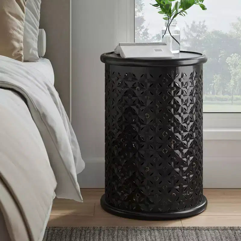 Table d'appoint ronde en bois massif effet vieilli Global Drum