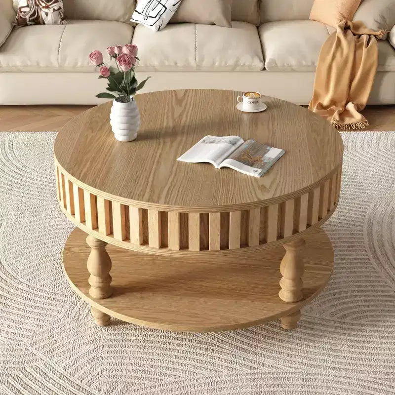 Table basse ronde vintage à 2 niveaux avec double rangement, table d'appoint en placage de bois massif pour salon, chambre