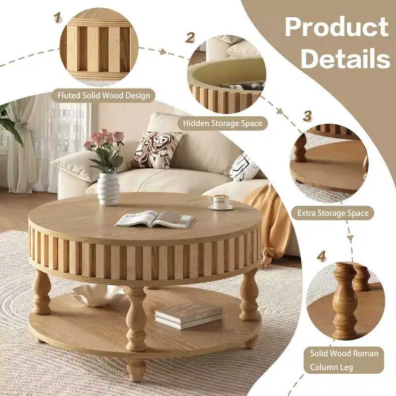 Table basse ronde vintage à 2 niveaux avec double rangement, table d'appoint en placage de bois massif pour salon, chambre