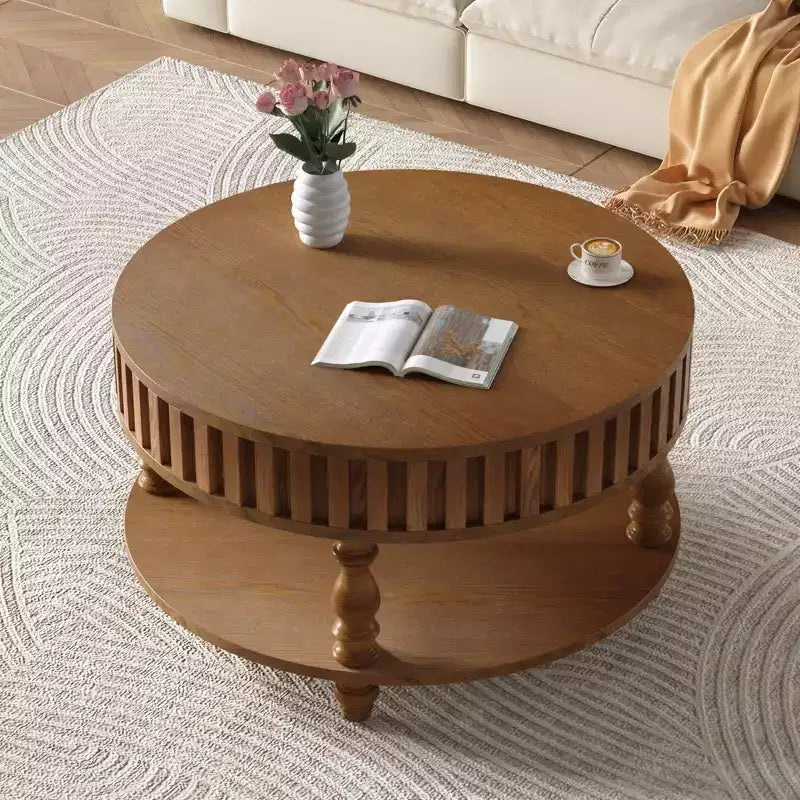 Table basse ronde vintage à 2 niveaux avec double rangement, table d'appoint en placage de bois massif pour salon, chambre