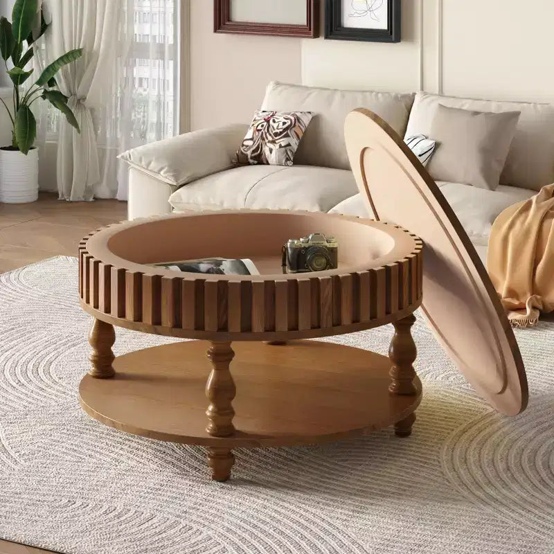 Table basse ronde vintage à 2 niveaux avec double rangement, table d'appoint en placage de bois massif pour salon, chambre
