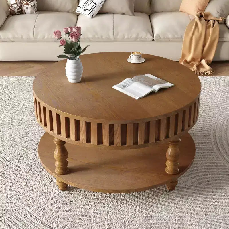 Table basse ronde vintage à 2 niveaux avec double rangement, table d'appoint en placage de bois massif pour salon, chambre