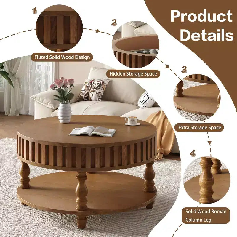 Table basse ronde vintage à 2 niveaux avec double rangement, table d'appoint en placage de bois massif pour salon, chambre