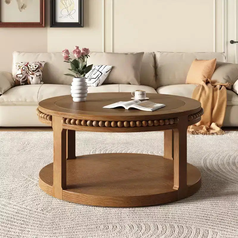 Table basse ronde vintage à 2 niveaux avec double rangement, table d'appoint en placage de bois massif pour salon, chambre
