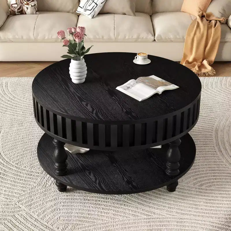 Table basse ronde vintage à 2 niveaux avec double rangement, table d'appoint en placage de bois massif pour salon, chambre