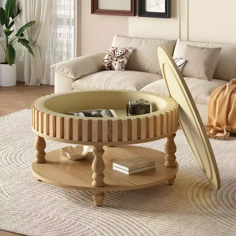Table basse ronde vintage à 2 niveaux avec double rangement, table d'appoint en placage de bois massif pour salon, chambre