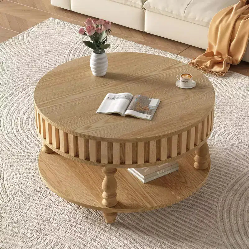 Table basse ronde vintage à 2 niveaux avec double rangement, table d'appoint en placage de bois massif pour salon, chambre