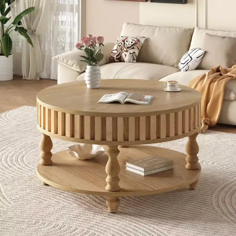 Table basse ronde vintage à 2 niveaux avec double rangement, table d'appoint en placage de bois massif pour salon, chambre