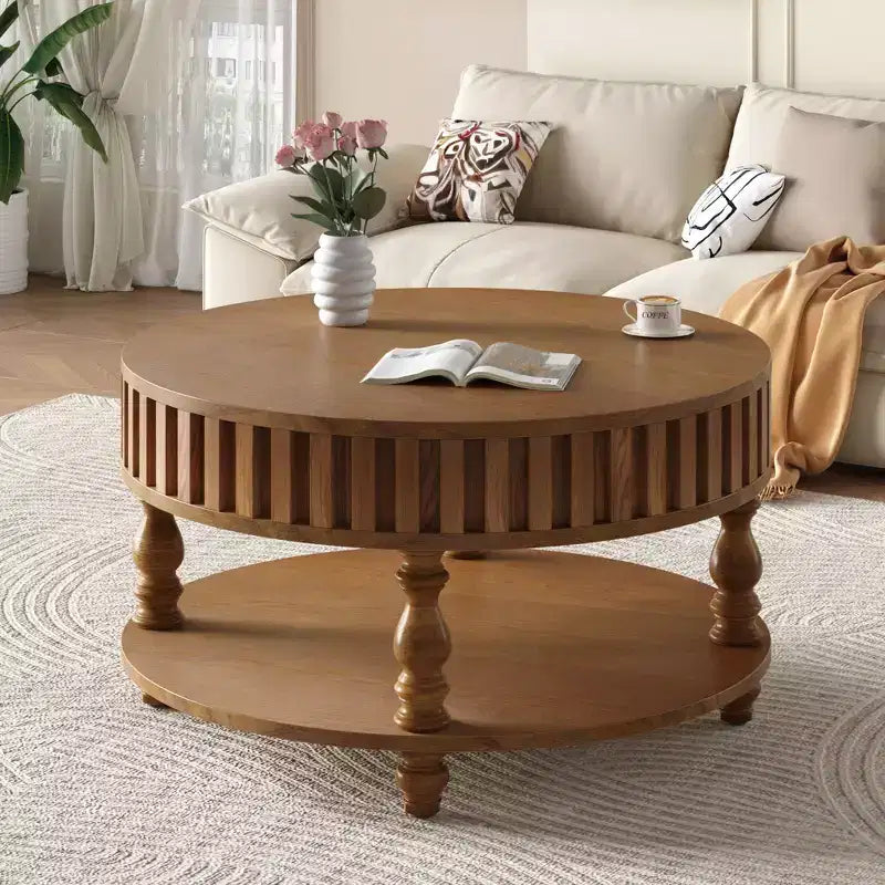 Table basse ronde vintage à 2 niveaux avec double rangement, table d'appoint en placage de bois massif pour salon, chambre