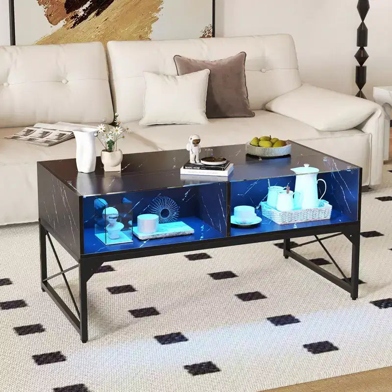 Table basse LED avec 4 cubes de rangement, plateau en faux marbre et verre trempé pour salon, noir