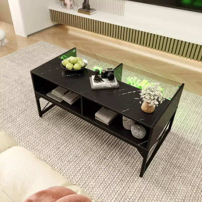 Table basse LED avec 4 cubes de rangement, plateau en faux marbre et verre trempé pour salon, noir