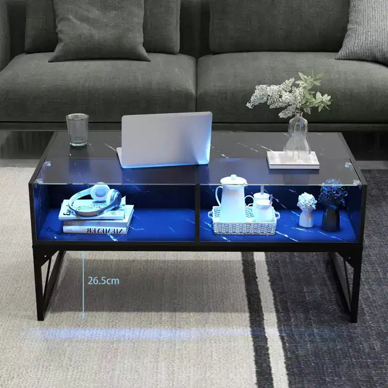 Table basse LED avec 4 cubes de rangement, plateau en faux marbre et verre trempé pour salon, noir