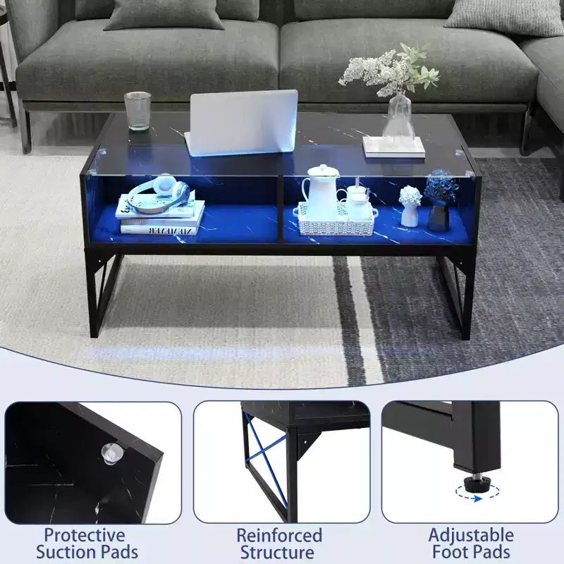 Table basse LED avec 4 cubes de rangement, plateau en faux marbre et verre trempé pour salon, noir
