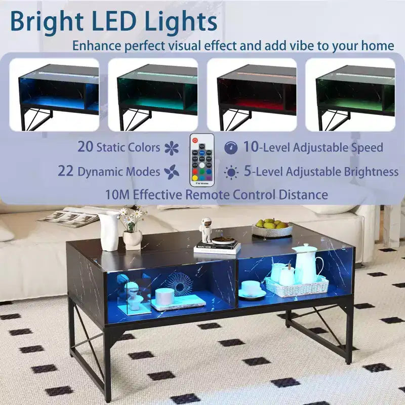 Table basse LED avec 4 cubes de rangement, plateau en faux marbre et verre trempé pour salon, noir