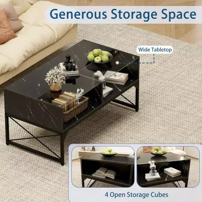Table basse LED avec 4 cubes de rangement, plateau en faux marbre et verre trempé pour salon, noir