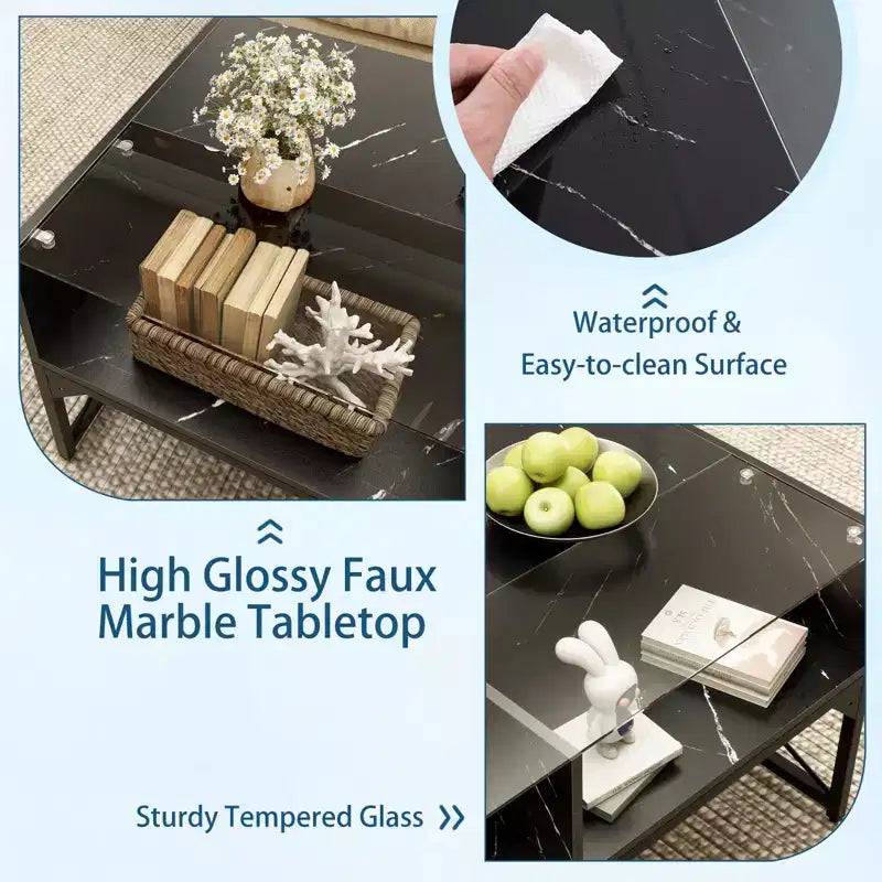 Table basse LED avec 4 cubes de rangement, plateau en faux marbre et verre trempé pour salon, noir