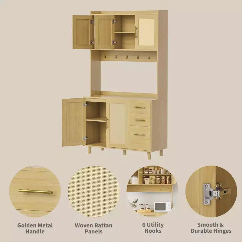 Buffet de cuisine en rotin naturel de 180 cm, Armoire de style ferme avec 3 tiroirs, étagères réglables et 6 crochets pour salle à manger/salon