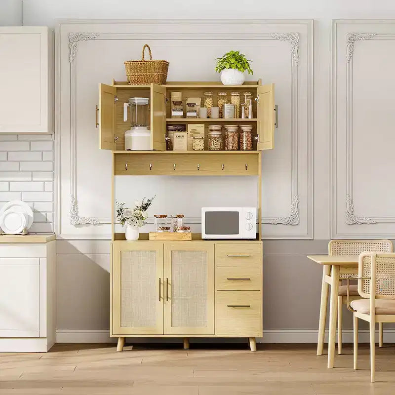 Buffet de cuisine en rotin naturel de 180 cm, Armoire de style ferme avec 3 tiroirs, étagères réglables et 6 crochets pour salle à manger/salon