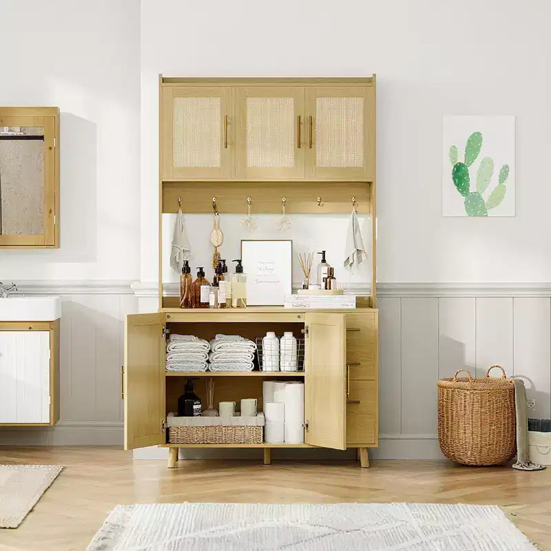 Buffet de cuisine en rotin naturel de 180 cm, Armoire de style ferme avec 3 tiroirs, étagères réglables et 6 crochets pour salle à manger/salon
