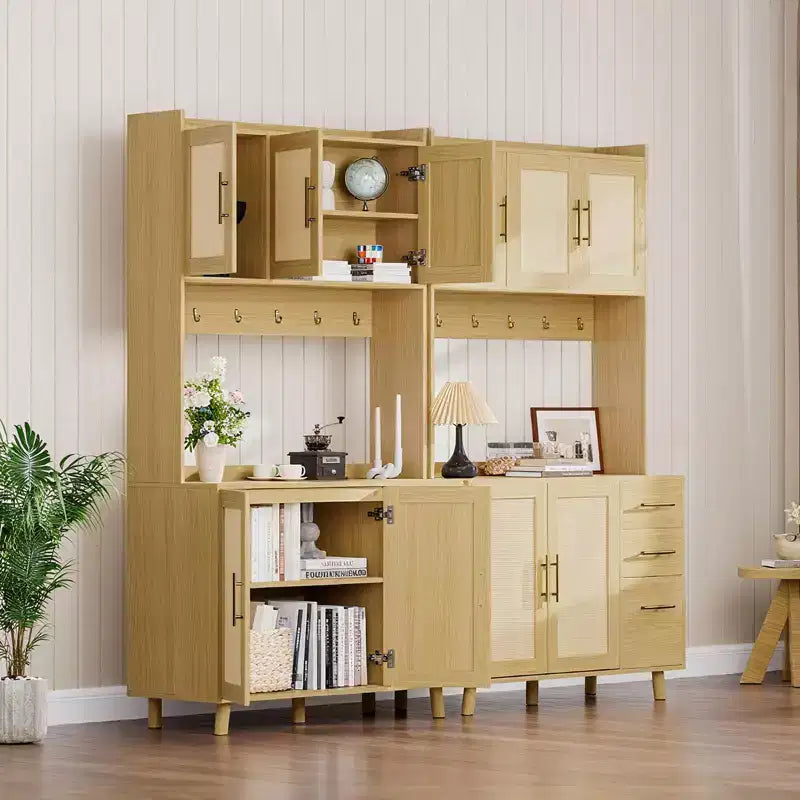 Buffet de cuisine en rotin naturel de 180 cm, Armoire de style ferme avec 3 tiroirs, étagères réglables et 6 crochets pour salle à manger/salon